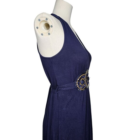 Y2K Eci New York V-Neck Jersey Beaded Waist Sleeveless Long Maxi Dress Blue Size - Picture 5 of 11